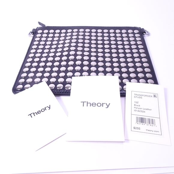 Theory Women's Transformer Studs Leather Pouch Clutch NWT 255 Black Silver - Picture 2 of 7